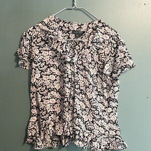 Lauren by Ralph Lauren 100% Silk Sheer Black/White Floral Short-Slv Blouse sz 14